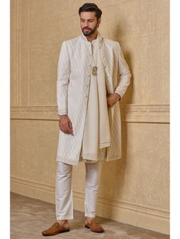 TASVA - White Textured Aari Embroidery Sherwani with Aligarhi