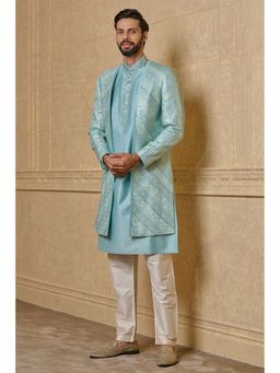 TASVA - Aqua Open Front Sherwani with Kurta and Aligarhi