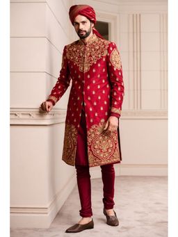 TASVA - Maroon Dori and Zardozi Embroidered Sherwani with Kurta and Churidar