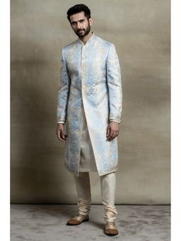 TASVA - Medium Blue Raw Silk Ombre Pattern Embroidered Sherwani with Kurta and Churidar