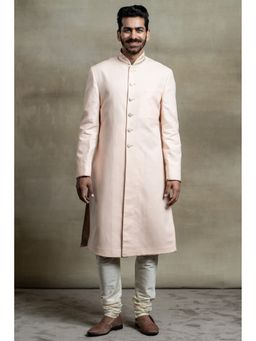TASVA - Peach Linen Resham and Dabka Embroidery Sherwani with Kurta and Churidar