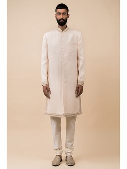 TASVA - Ivory Linen Embroidered Borders Sherwani with Kurta and Churidar
