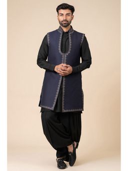 TASVA - Navy Blue Zari Quilted Sleeveless Sherwani with Kurta and Dhoti Pant