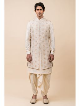 TASVA - Ivory Jacquard Sleeveless Sherwani with Kurta and Dhoti Pant