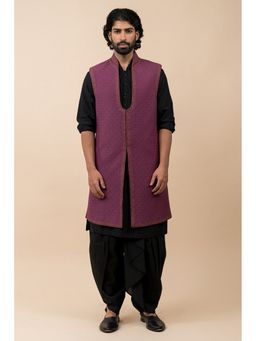 TASVA - Dark Purple Zari Quilted Sleeveless Sherwani with Kurta and Dhoti Pant