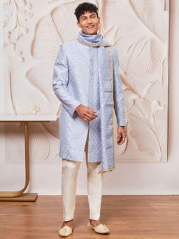Vastramay - Powder Blue Cotton Blend Indowestern Sherwani Pant and Dupatta