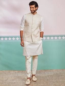 Vastramay - Off White Satin Kurta and Pyjama with Nehru Jacket