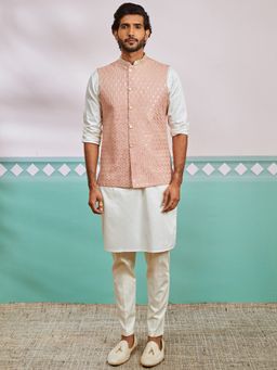 Vastramay - Peach Satin Kurta and Pyjama with Nehru Jacket