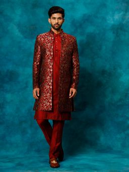 Vastramay - Maroon Viscose Sherwani with Kurta and Pyjama