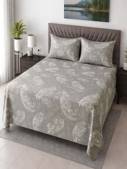Threadwear - Grey Brown Floral 400 Tc Cotton Flat Queen Bedsheet with Pillow Covers