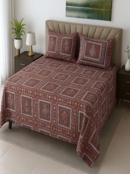 Threadwear - Carrot Floral 400 Tc Cotton Flat Queen Bedsheet with Pillow Covers