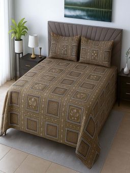 Threadwear - Mud Brown Floral 400 TC Cotton Flat Queen Bedsheet with Pillow Covers