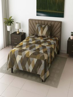 Threadwear - Brown Geomertrical 210 TC Mix Cotton Flat Single Bedsheet with Pillow Cover