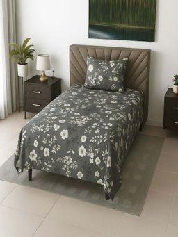 Threadwear - Dark Chocolate Floral 210 TC Mix Cotton Flat Single Bedsheet with Pillow Cover