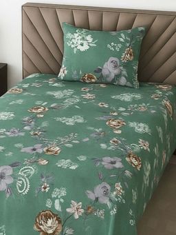 Threadwear - Green Floral 210 TC Mix Cotton Flat Single Bedsheet with Pillow Cover