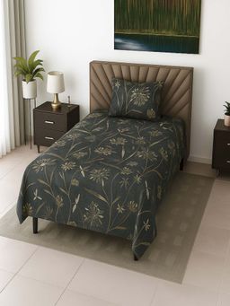 Threadwear - Dark Green Floral 210 TC Mix Cotton Flat Single Bedsheet with Pillow Cover