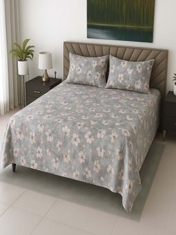 Threadwear - Grey Floral 400 TC Cotton Flat Super King Bedsheet with Pillow Covers