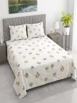 Threadwear - White Floral 400 TC Cotton Flat Super King Bedsheet with Pillow Covers