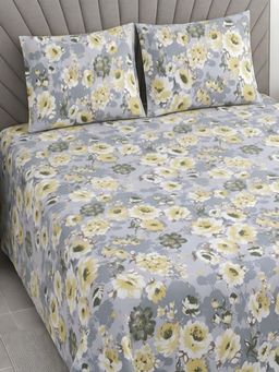 Threadwear - Light Grey Floral 400 TC Cotton Super King Bedsheet with Pillow Covers