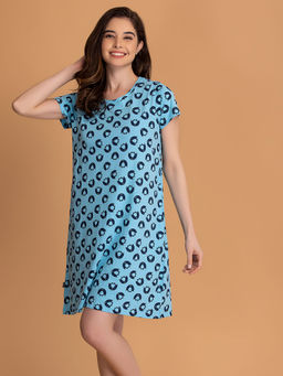 Clovia - Cotton Printed Short Nightdress-blue