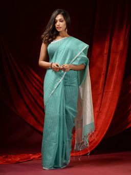 CHARUKRITI - Arctic Blue Cotton Silk Handwoven Zari Stripes & Zari Pallu Saree with Unstitched Blouse