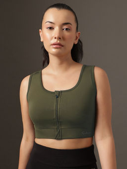 Clovia - Green Medium Impact Front Zipper Sports Bra