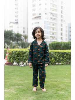 PUDDLE FASHION - Kids Printed Pure Cotton Green Shirt with Pyjama