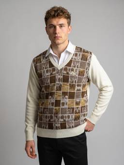 Monte Carlo - White Mens V-Neck Check Winter Sweater