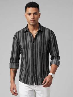 Charagh Din - Linen Ditto Fit Black Stripes Casual Shirt