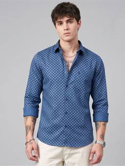 Charagh Din - Blended Slim Fit Blue Print Casual Shirt