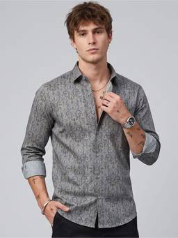 Charagh Din - Cotton Slim Fit Grey Print Casual Shirt