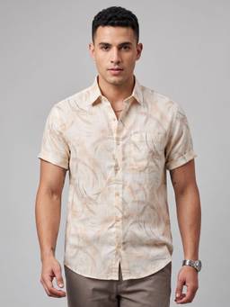 Charagh Din - Linen Regular Fit Beige Print Shirt