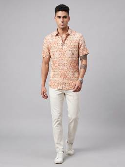 Charagh Din - Linen Regular Fit Orange Print Shirt