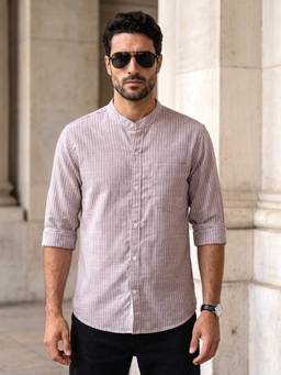 KUONS AVENUE - Men's Pink Taupe Striped Linen Collar Casual Shirt