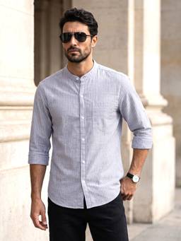 KUONS AVENUE - Men's Celeste Blue Striped Linen Collar Casual Shirt