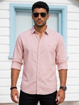 KUONS AVENUE - Pink Men's Sand Stone Tencel Linen Regular Fit Casual Shirt