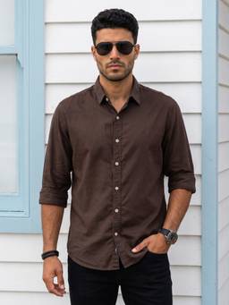 KUONS AVENUE - Brown Men's Irish Coffee Tencel Linen Casual Shirt