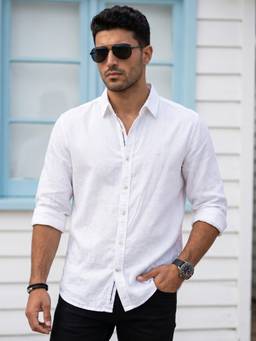 KUONS AVENUE - Men's Pearl White Tencel Linen Regular Fit Casual Shirt