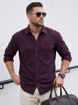 KUONS AVENUE - Purple Men's Aubergine Corduroy Casual With Spread Collar Shirt