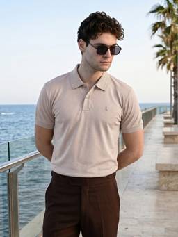 Louis Stitch - Beige Signature Regular Fit Solid Mens Polo T-Shirt