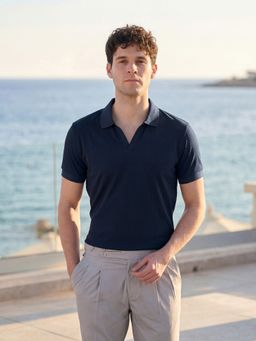 Louis Stitch - Navy Blue Signature Regular Fit Johnny Collar Polo T-Shirt