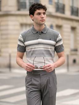 Louis Stitch - Grey Mens Regular Fit Striped Polo T-Shirt