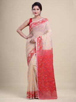 LAA CALCUTTA - Beige And Red Cotton Jamdani Saree Without Blouse