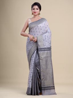 LAA CALCUTTA - Grey And Golden Cotton Jamdani Saree Without Blouse
