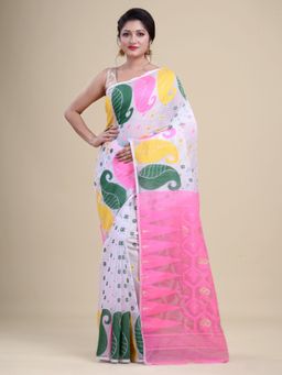 LAA CALCUTTA - White And Pink Cotton Jamdani Saree Without Blouse