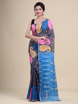 LAA CALCUTTA - Grey And Blue Cotton Jamdani Saree Without Blouse