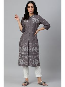 W - Tornado Grey Embroidered Kurta In Half Placket