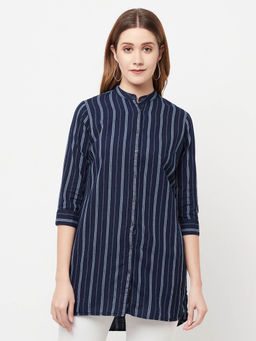 CRIMSOUNE CLUB - Women Navy Blue Striped Longline Shirt
