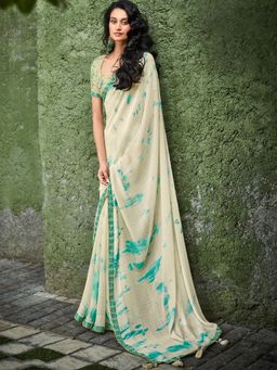 Akhilam - Womens Georgette Off White Printed Designer Saree with Unstitched Blouse
