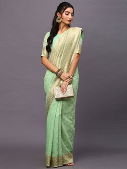 Akhilam - Women's Silk Cotton Green Woven Design Woven Saree with Unstitched Blouse